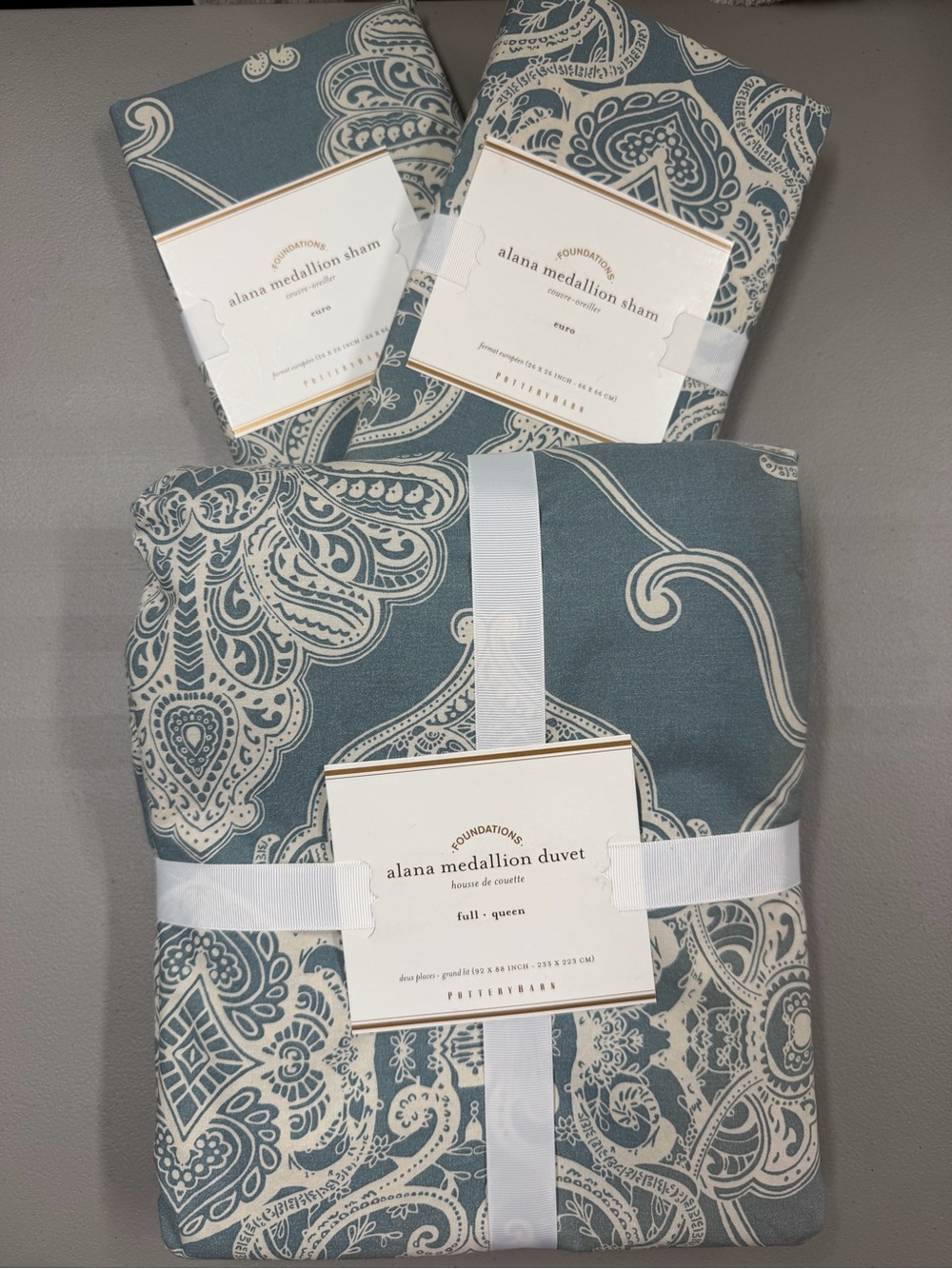 Pottery Barn Alana Medallion Duvet & 2 Euro Shams Set Porcelain Blue Cream NWT